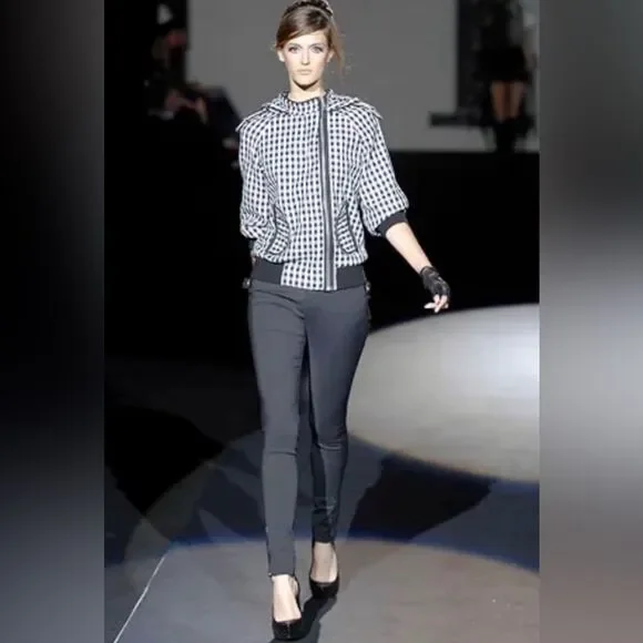 L.A.M.B. Asymmetrical Gingham Double-Zip Hooded Bomber with Cropped Sleeves - Picture 12 of 12